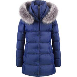 Women's Navy Long Snow Puffer Jacket Coat Removable Faux Fur Trim Winter Warm